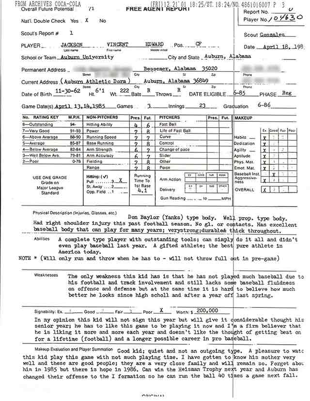 Bo Jackson's 1985 Scouting Report